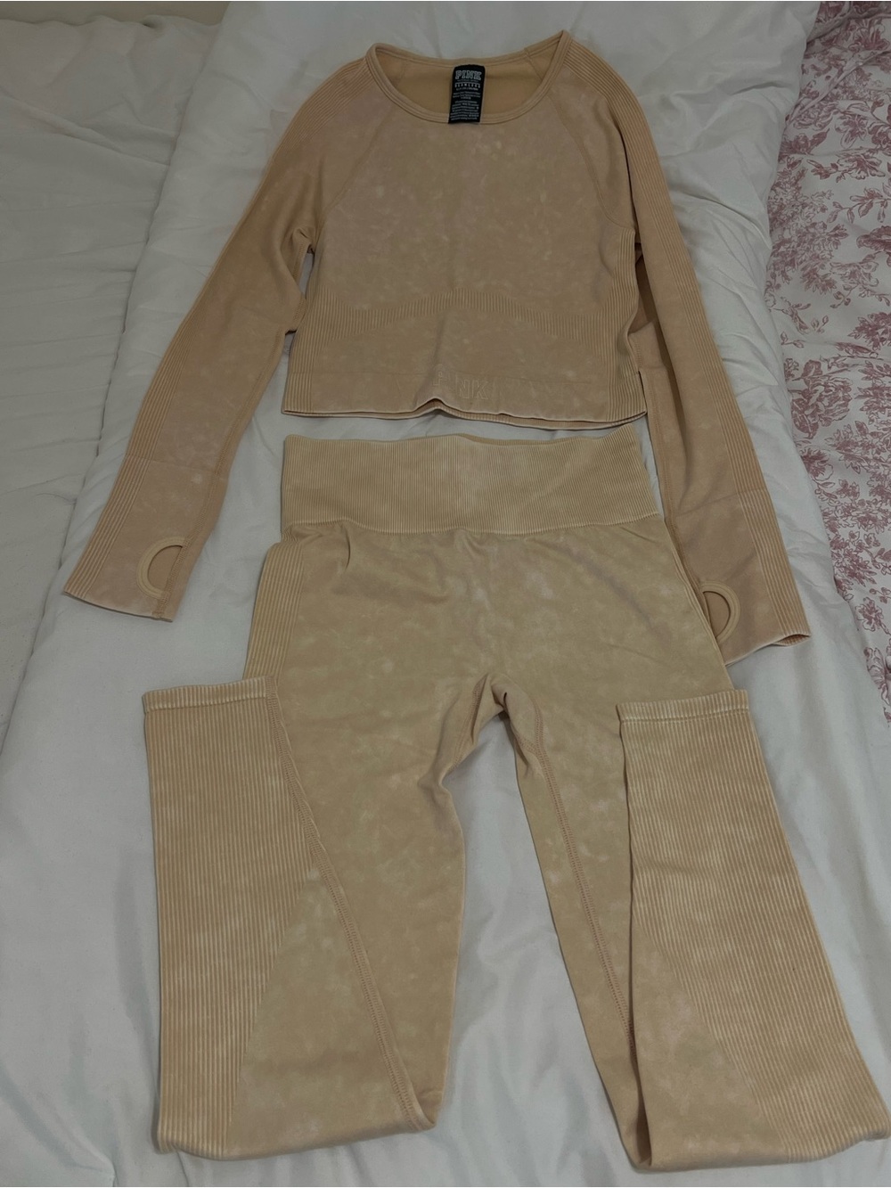 PINK Victoria's Secret Neutral Beige Ribbed Flare Leggings Set